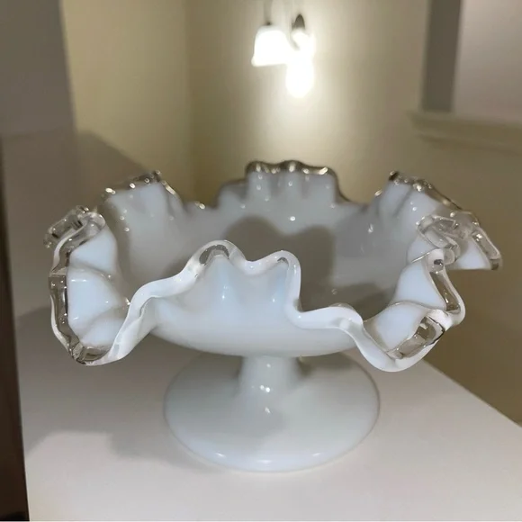 Fenton Silver Crest White Pedestal Bowl 7” - Picture 4 of 5